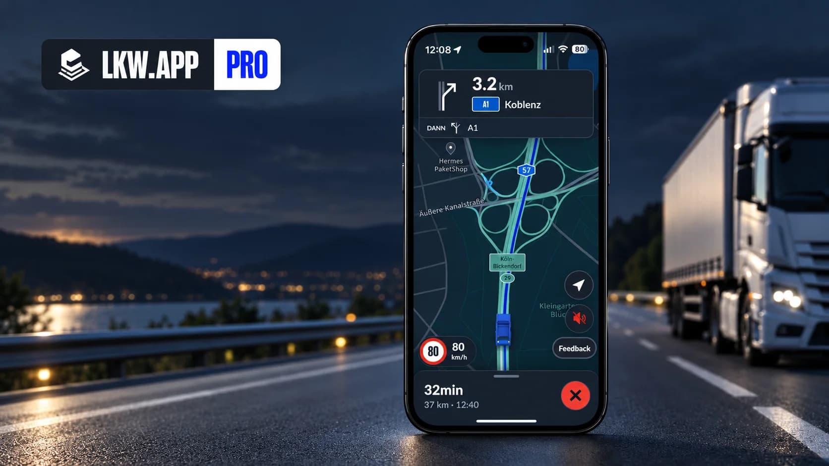Nawigacja LKW.APP na smartfonie — wyznaczanie trasy dla transportu drogowego towarów