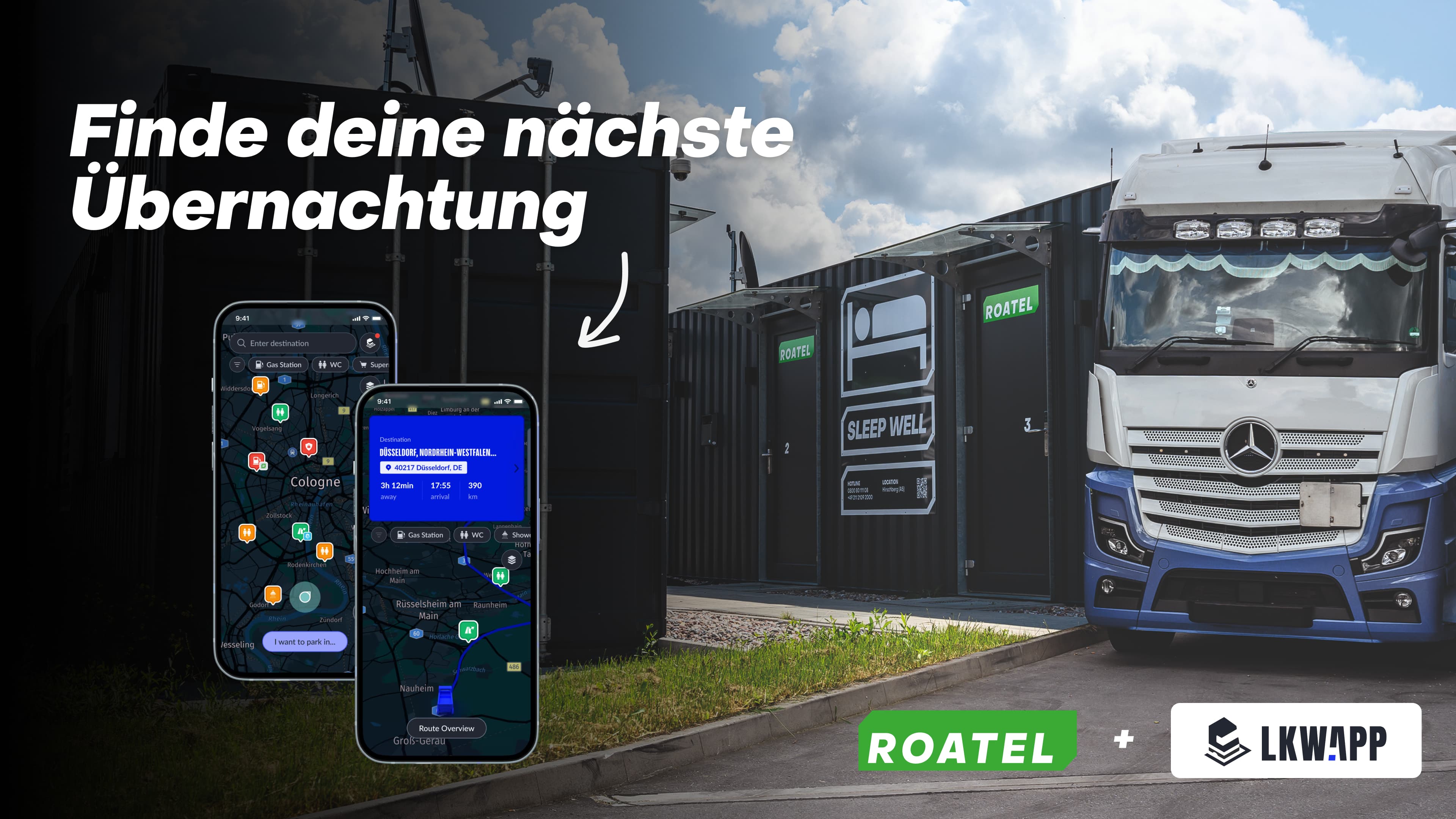 Roatel-Mikrohotel an einem Autohof mit LKW und LKW.APP-Screenshots im Vordergrund
