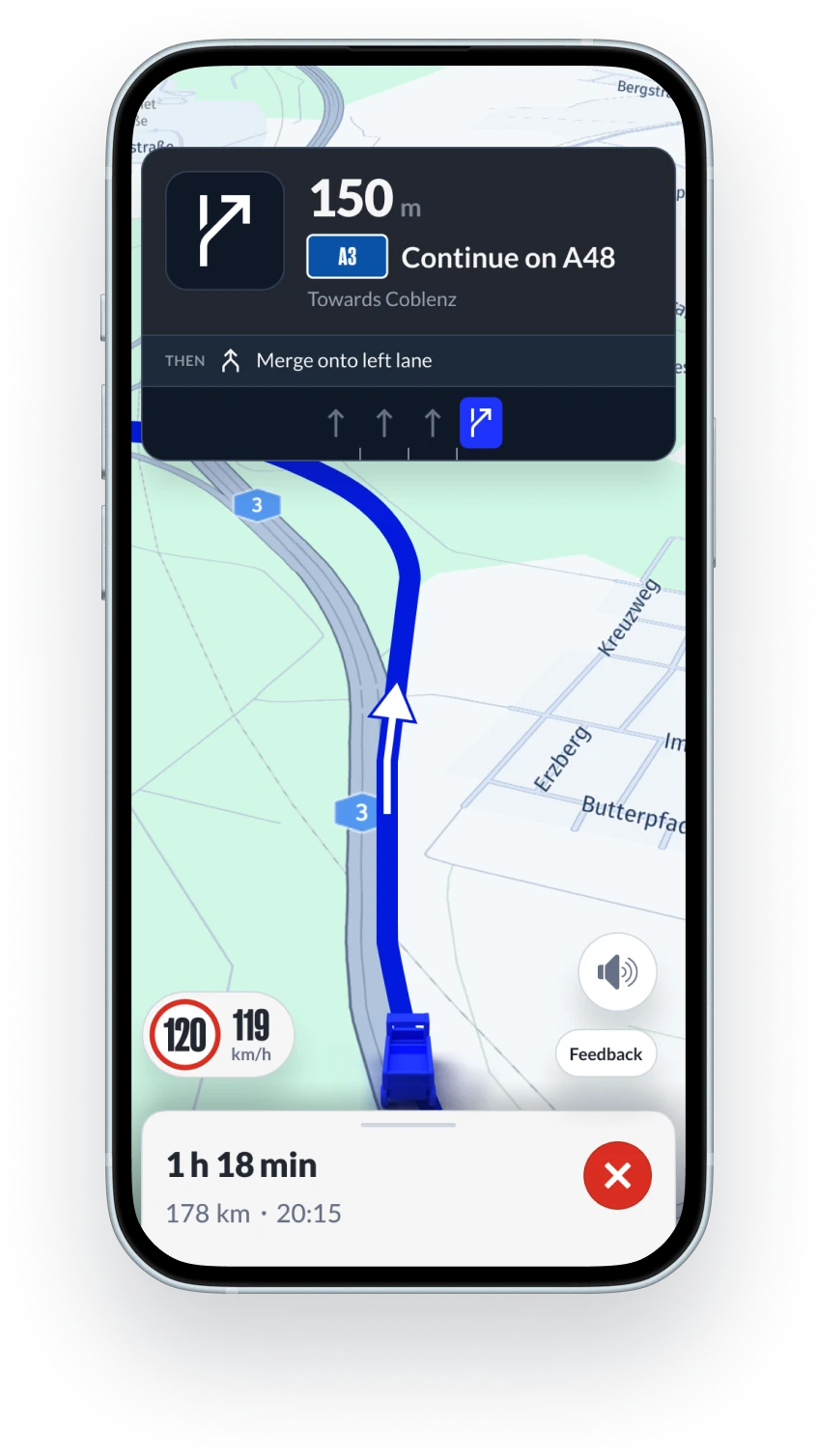 LKW.APP Navigation auf einem iPhone: Abbiegehinweis, Route und Ankunftszeit