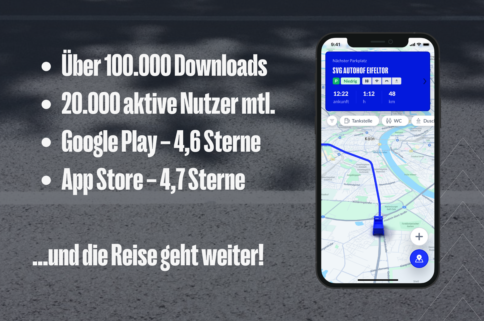 Meilensteine der LKW.APP in Zahlen - über 100 000 Downloads, 20 000 aktive User pro Monat und Top Bewertungen in den App Stores