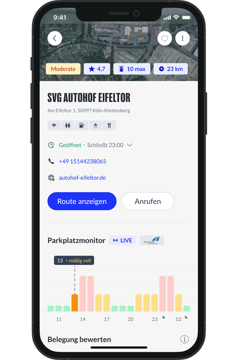 Mock-up mit der Anzeige von Live Toll Collect Daten in der LKW.APP